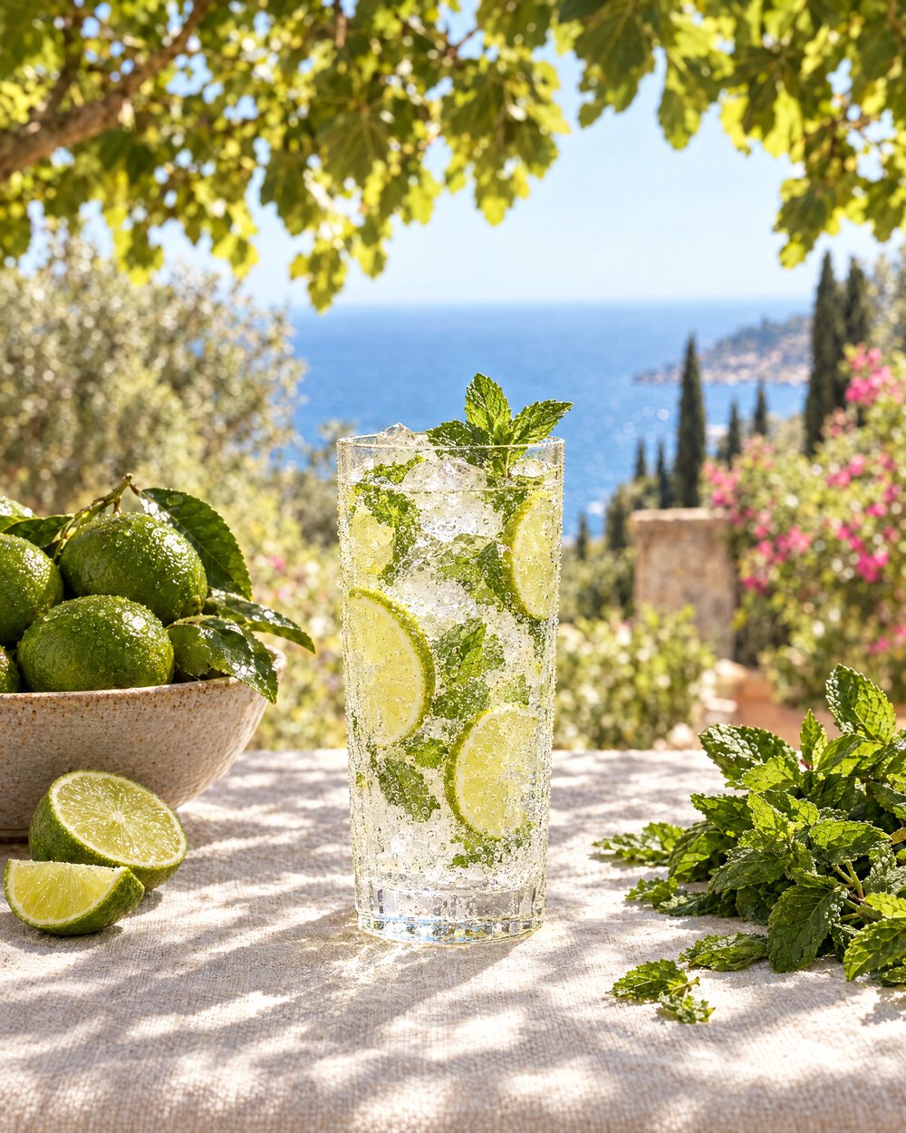 A tall sparkling drink with lime and fresh mint on a sunny garden table by the sea