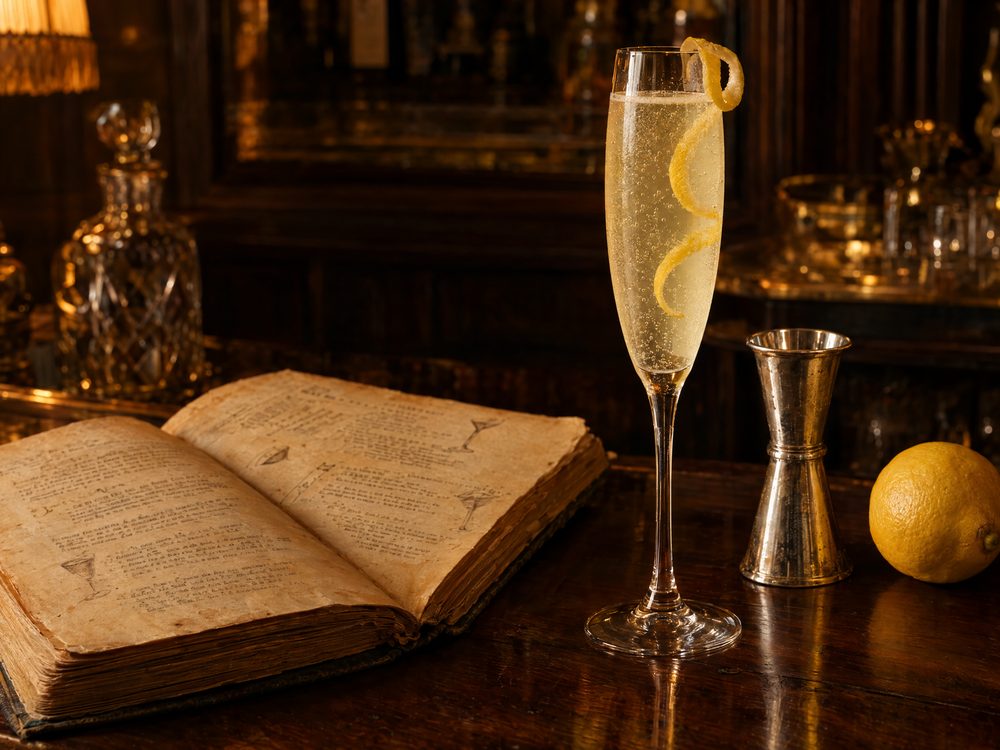 An antique cocktail book next to a French 75 in a champagne flute