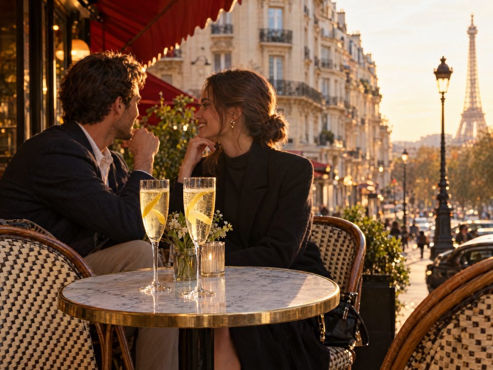 Two French 75 cocktails on a Paris café terrace at golden hour