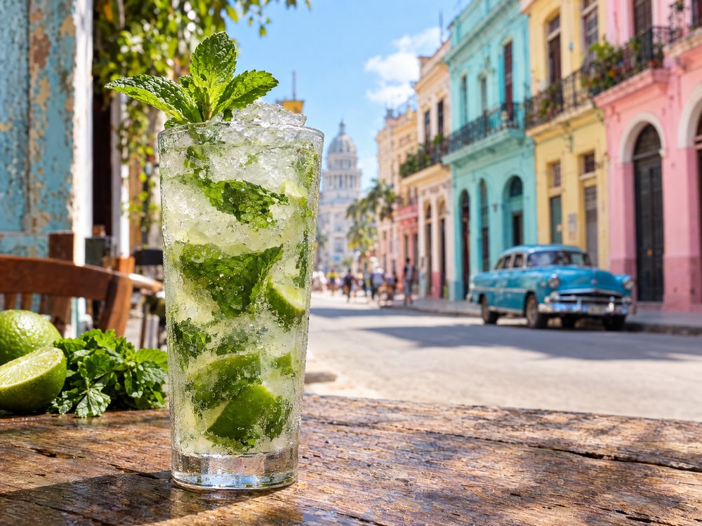 A Mojito with mint and lime in a tall glass on a Havana street