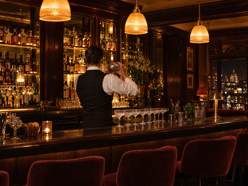 A stylish London cocktail bar at night, a bartender shaking a cocktail