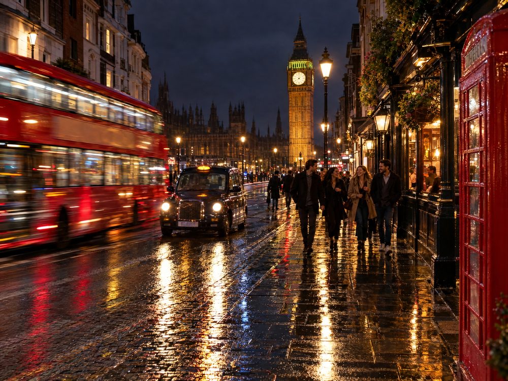 A rainy London street at night with a red double-decker bus