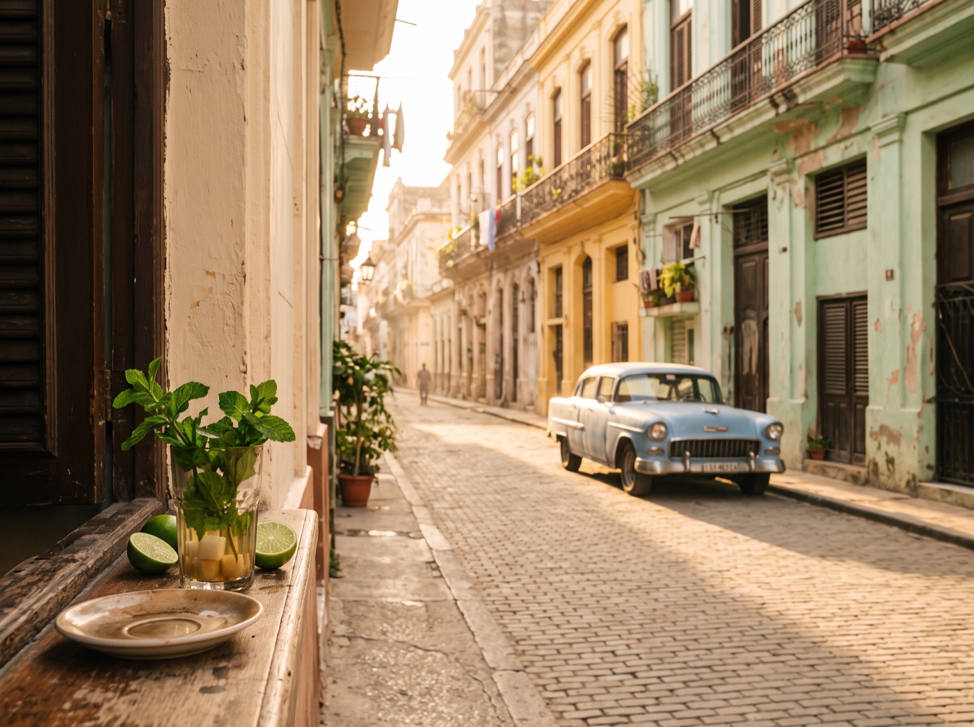 Sun-washed colonial street in Old Havana, Cuba