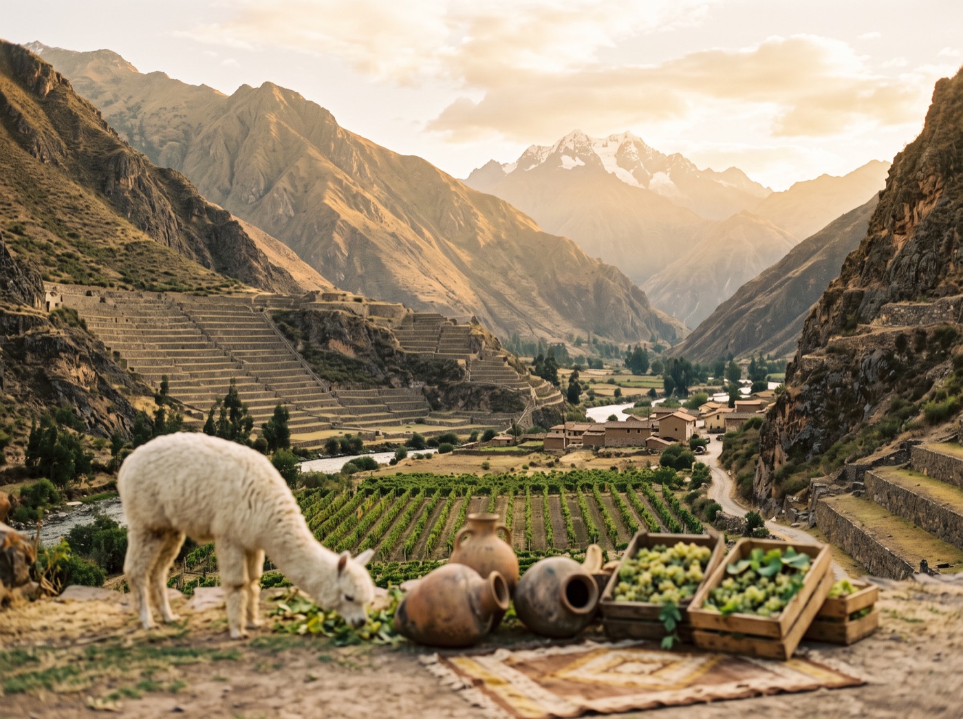 Terraced Andean valley with a pisco vineyard and alpaca in Peru