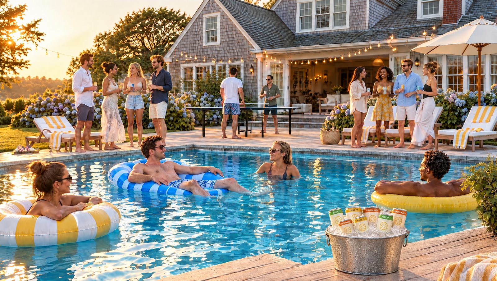 Friends at a Hamptons share house pool at golden hour, with Sourly cans in an ice tub on the deck