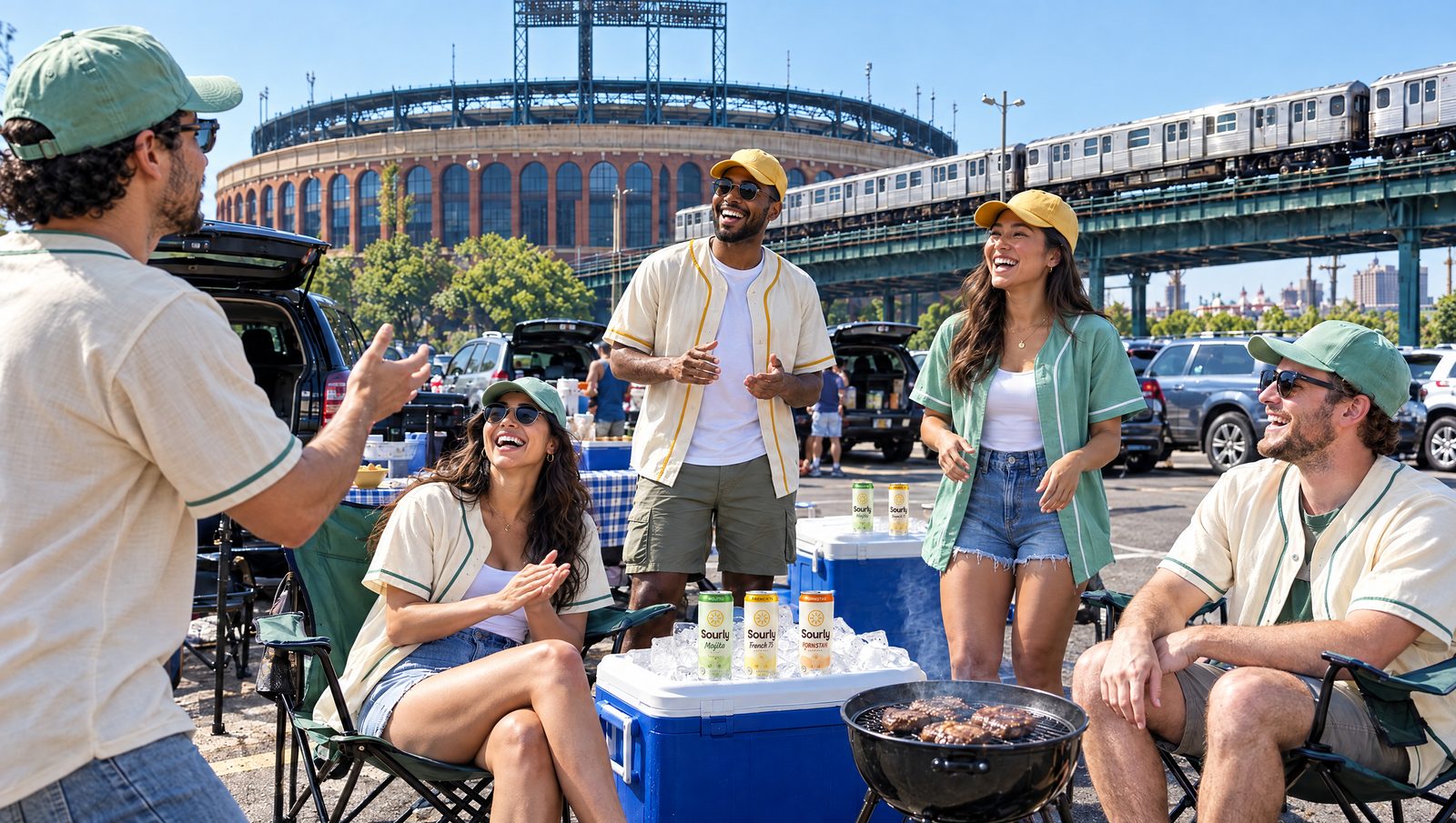 Friends tailgating outside a Queens ballpark, Sourly cans on the cooler