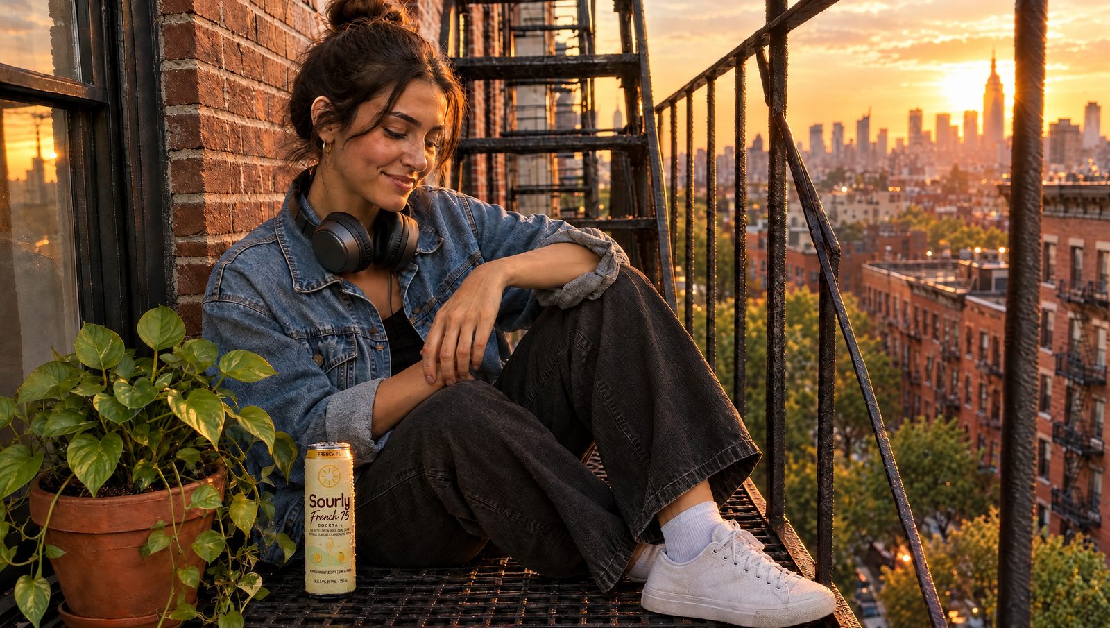 A woman relaxing on her Brooklyn fire escape at sunset, a Sourly French 75 can beside her